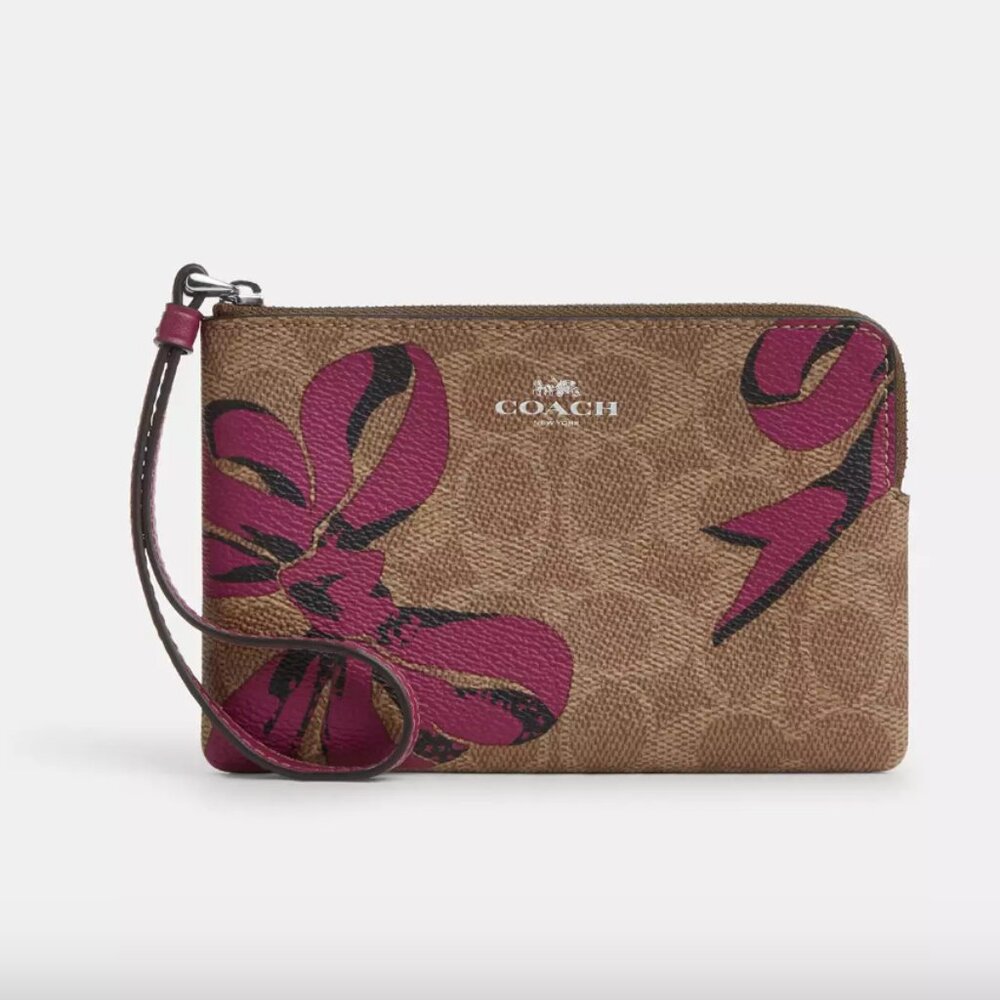 NWT COACH Corner Zip Wristlet In Signature Canvas With Bow Print - Picture 2 of 12